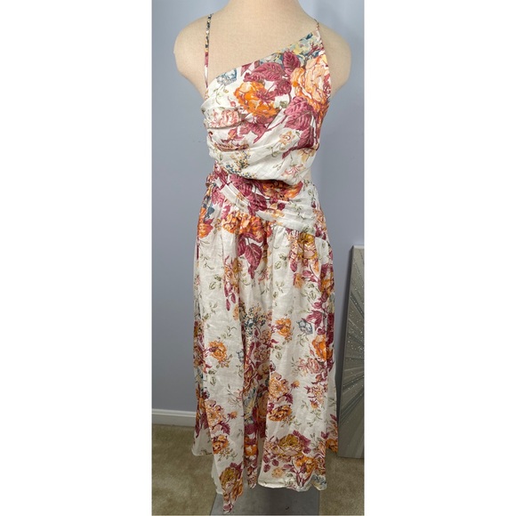 NWT Pattie Asymmetric Cut Out Linen Midi Dress in Cream Floral Size 8 - Picture 7 of 17